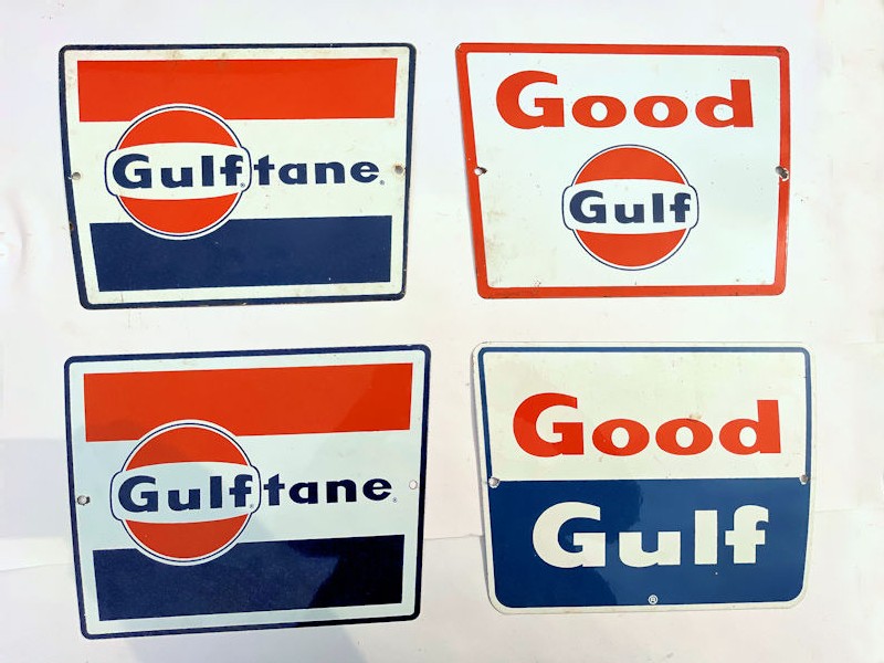 Original Gulf Tane and Good Gulf enamel gas pump plates