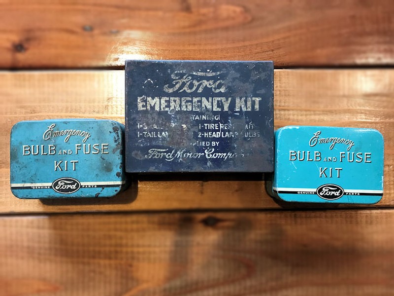 Original 1940s and 1950s Ford emergency and bulb and fuse kits