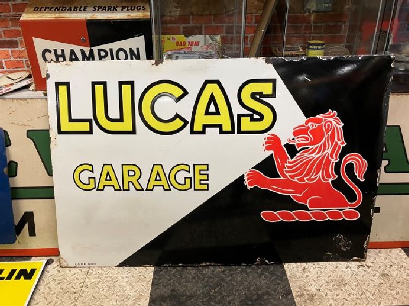 Lucas garage enamel sign with reflective letters