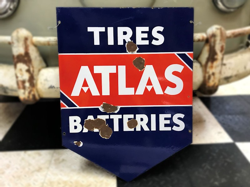 Original double sided enamel Atlas Tires and Batteries sign